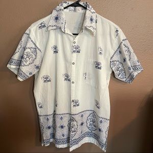 Men’s elephant print button up shirt from Cambodia size medium.